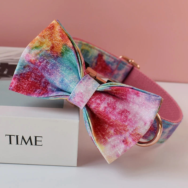 Pet Dog Cat Rainbow printing Collar Leash Set With Bling Bow Pet Puppy Neck Strap For French Bulldog Dogs Powdery bottom 01