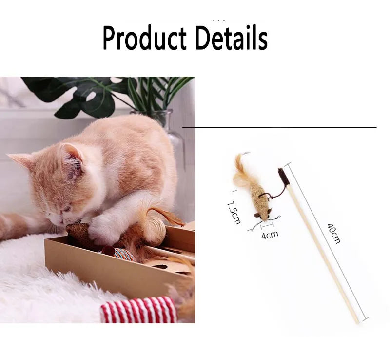 Wood Cat Toy Feather Set Interactive For Pets Fishing Rod Funny Pet Products Mouse Paw Games Cute Toys Linen Cats Stick Dropship