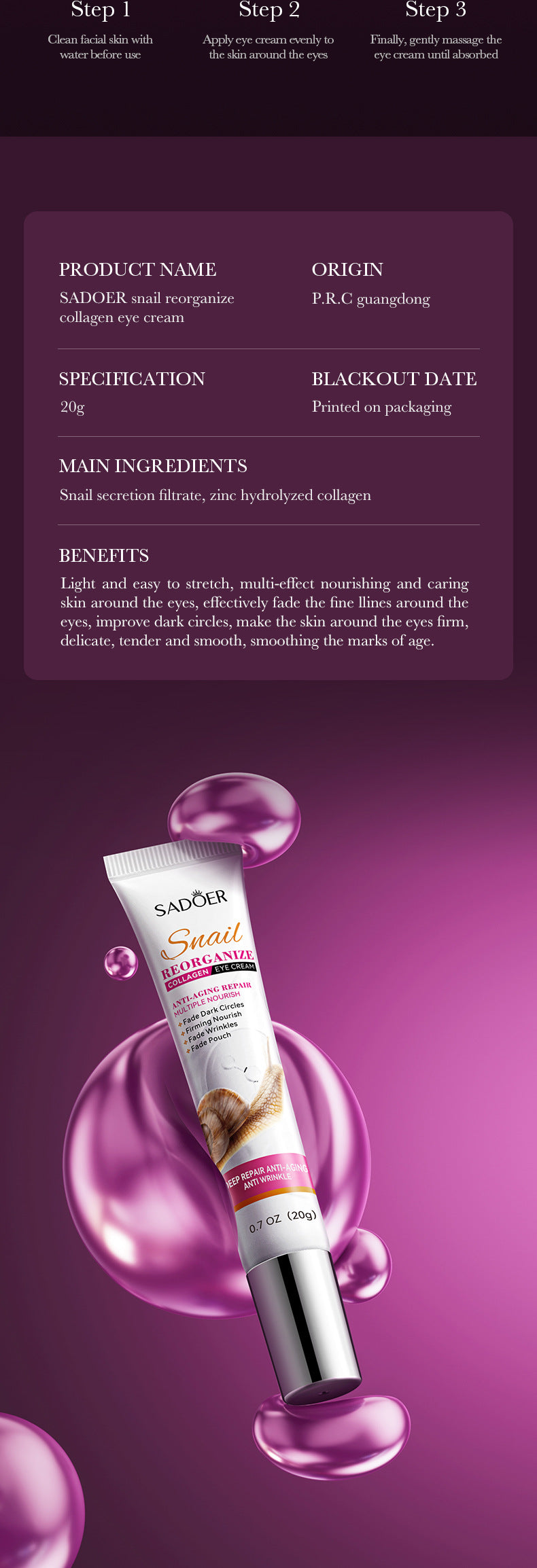 Remove Eyes Bags Eye CreamSnail Collagen Anti Dark Circles Anti-wrinkleMoisturizing Firming Beauty Eyes SkinCare Products