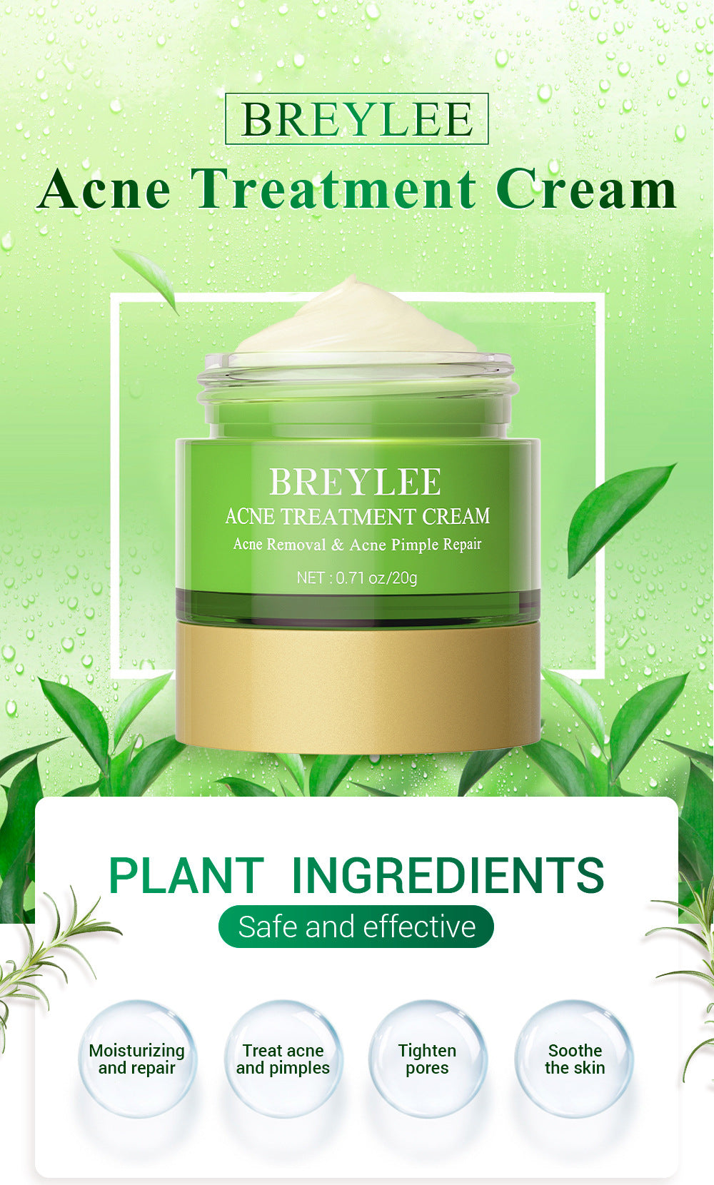 BREYLEE Acne Treatment Set 4pcs Facial Cleanser Toner Serum Cream Skin care