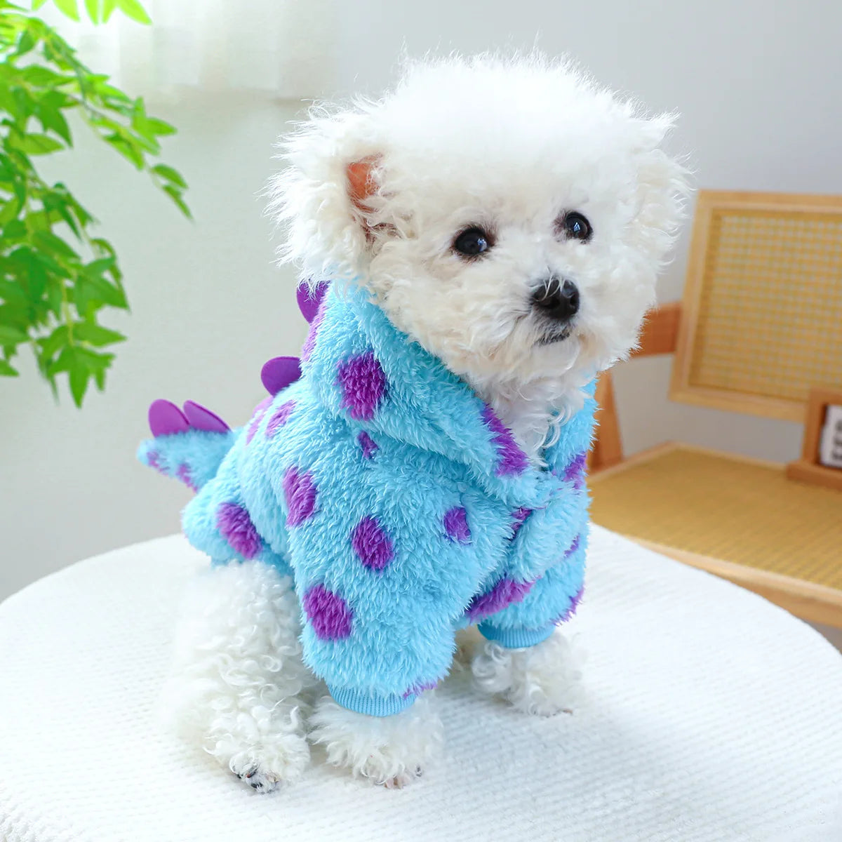 Cosplay Dinosaur Dog Halloween Costume for Small Dogs Dress Up Hoodies Thermal Velvet Padded Dog Pajamas Winter Puppy Jumpsuit