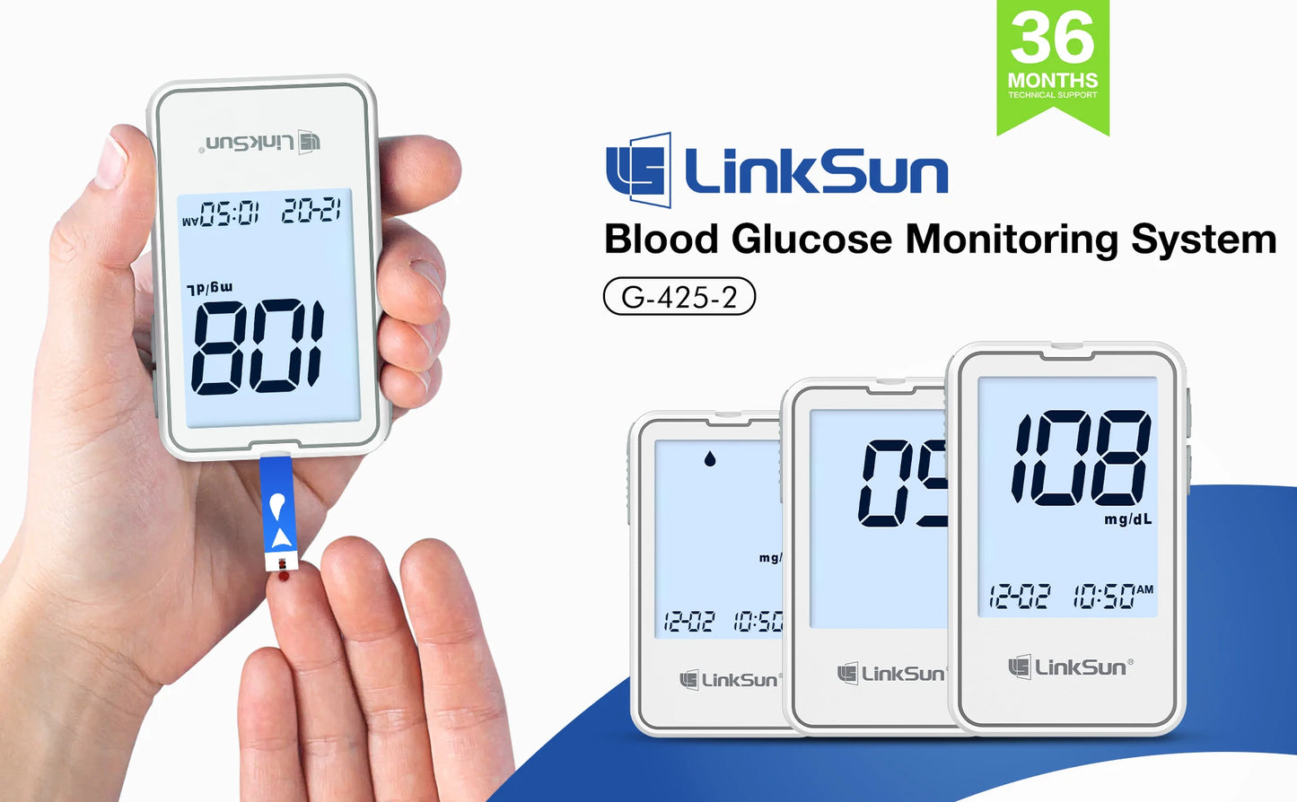 G-425-2 Linksun Blood Glucose Meter Glucometer Kit Medical Diabetes Testing Blood Sugar Tester Digital Glucosemeter Complete Kit