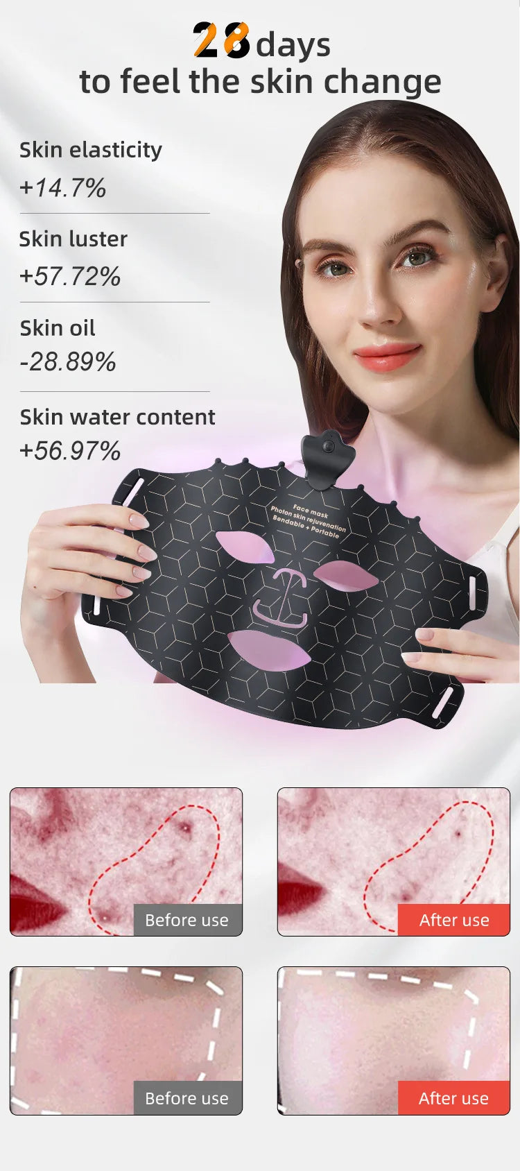 UBilli 7 Colors Silicone Led Facial Mask Light Therapy Mask Full Face 240 Lamp Beads Wirelessly Red Light Therapy Photon Mask
