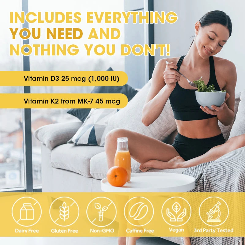 Vitamin D3 K2 Softgel Capsules High-Potency D3 K2 Supplements with 1000 IU, Support Immune Health For Whole Family