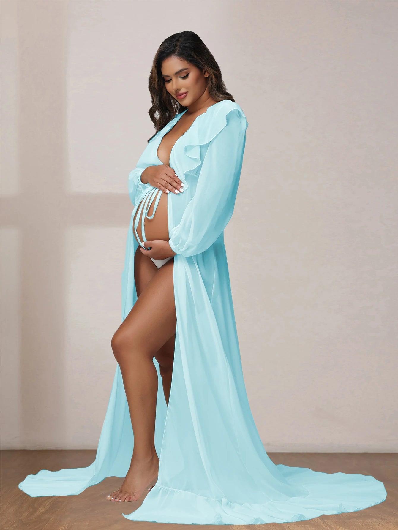 Maternity Photo Shoot Long Chiffon Dress Ruffle Neck Lantern Sleeve With Tie Cord Pregnancy Robe For Baby Shower