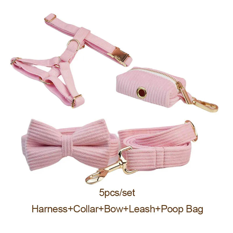 Pink Corduroy Dog Collar And Leash Set For Dogs Custom Engraved Nameplate Pet Supplies Dog Leash Corduroy07