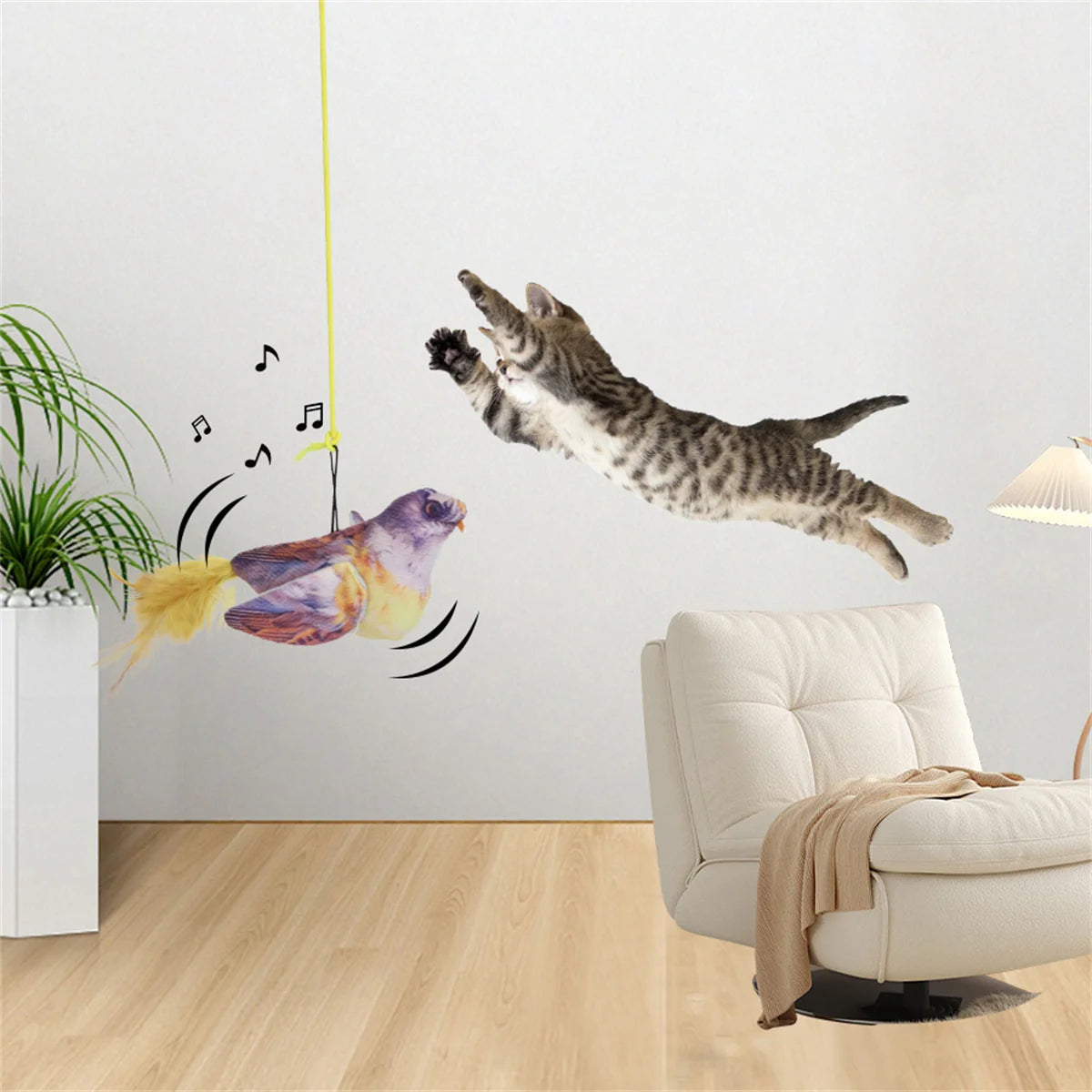 Random color Queaky Feathered Bird Cat Toy - Interactive Play and Chirp for Kittens, No Battery Needed, Ideal for Medium Breeds