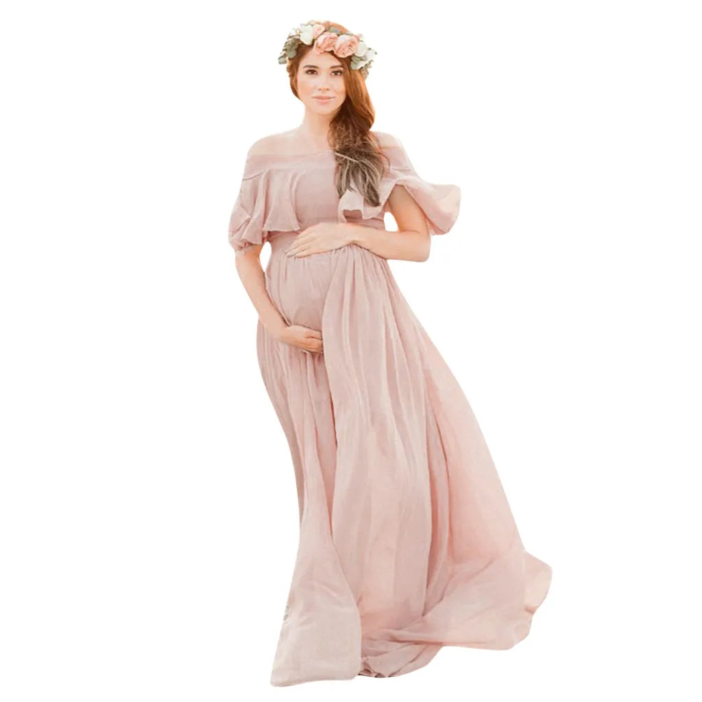 Maternity Dress Women Solid Color Short Sleeve Ruffles Props Dress Pregnants Photography Maternities Party Temperament Outfits