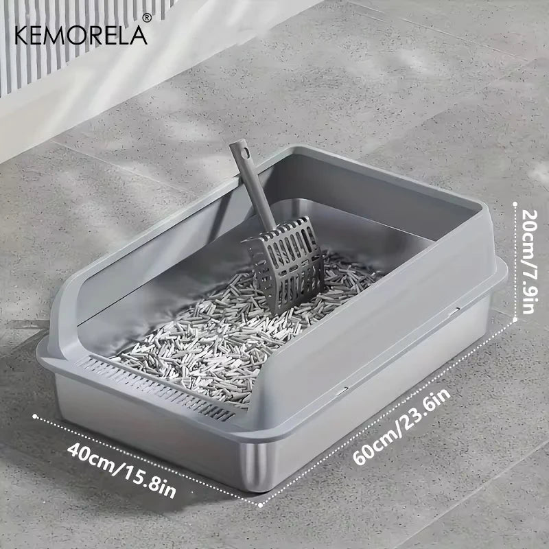 KEMORELA 1PC Stainless Steel Cat Bedpans Thickening Semi-enclosed High Side With Lid Litter Scoop Splashproof Open Litter Box