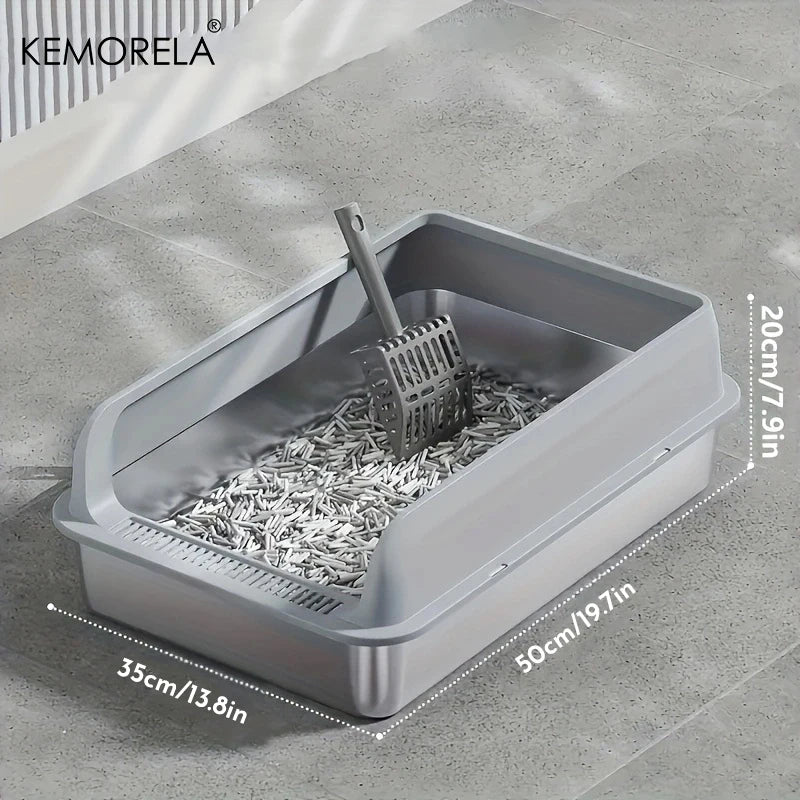 KEMORELA 1PC Stainless Steel Cat Bedpans Thickening Semi-enclosed High Side With Lid Litter Scoop Splashproof Open Litter Box