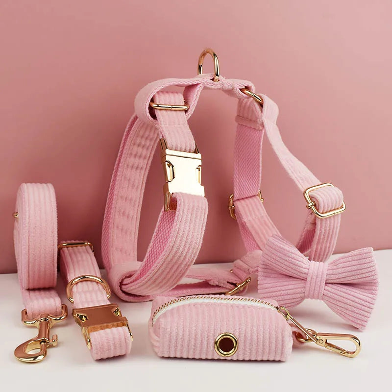 Pink Corduroy Dog Collar And Leash Set For Dogs Custom Engraved Nameplate Pet Supplies Dog Leash Corduroy07