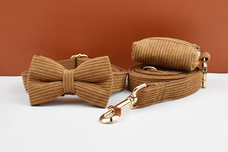 Caramel Corduroy Dog Collar And Leash Set For Dogs Custom Engraved Nameplate Pet Supplies Dog Leash Corduroy01