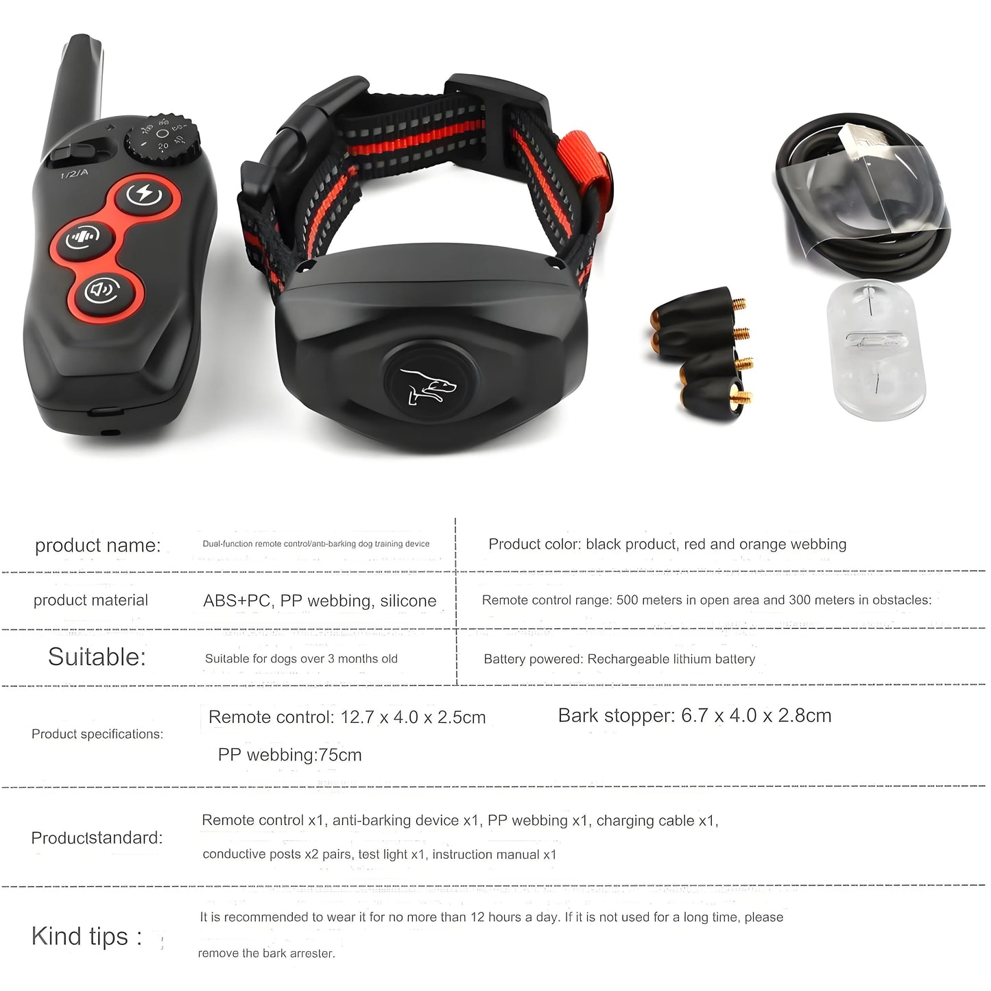 Dog Training Collar/Auto-barking Stopper 2 in 1 Function 500m Remote Control Range Waterproof Pet Electric Collar For Most Dogs