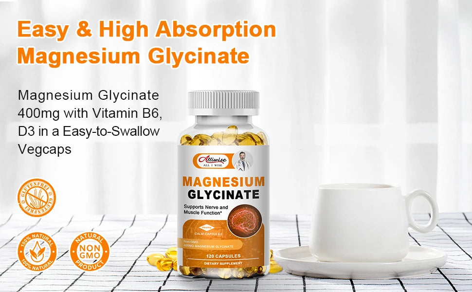 Magnesium Glycinate with Vitamin B6,D3, High Bioavailability Magnesium for Sleep & Calm Support, Nervous, Muscle & Bone Health