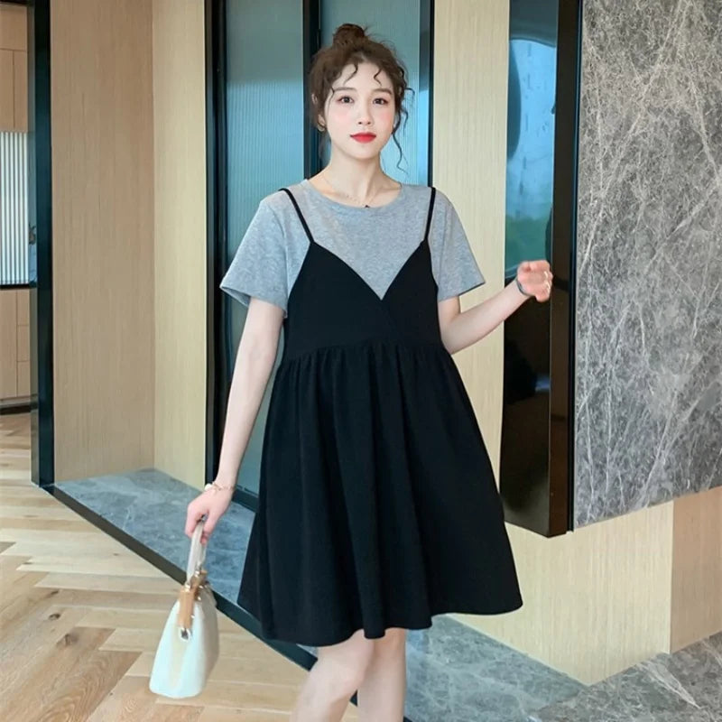 Summer Maternity New Fashion Casual Dresses Summer Mid-Length Maternity Tops Loose False Two-Piece Short-Sleeved Halter Dresses