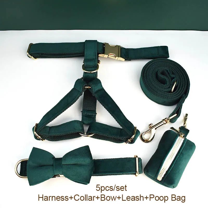 Green Velvet Dog Collar And Leash Set For Dogs Custom Engraved Nameplate Pet Supplies Dog Leash velvet43