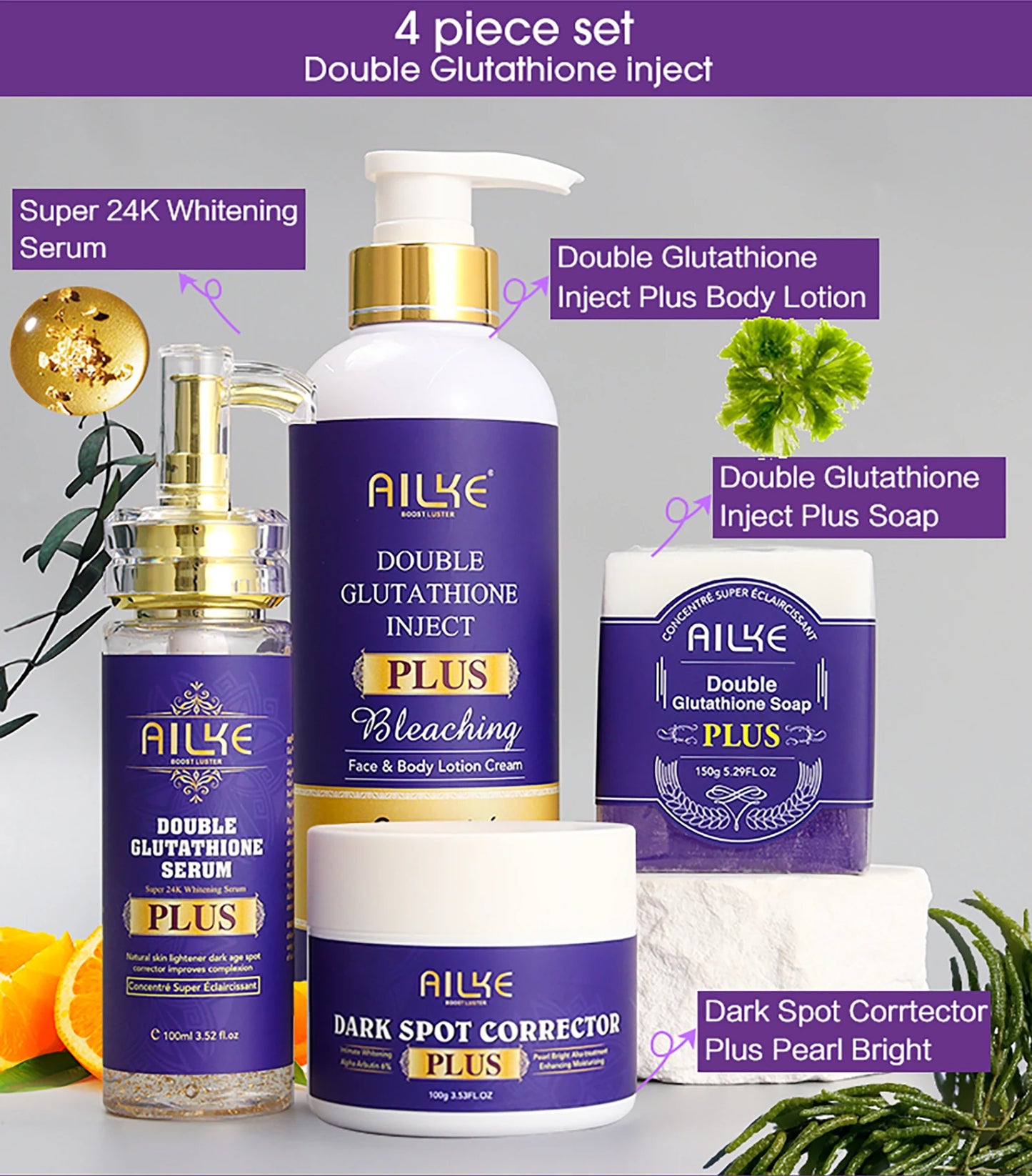 AILKE Glutathione PLUS Skin Care Set, Advanced Lightening Lotion, Moisturizes Softens Skin, Skin Bleaching Kit for Men, Women