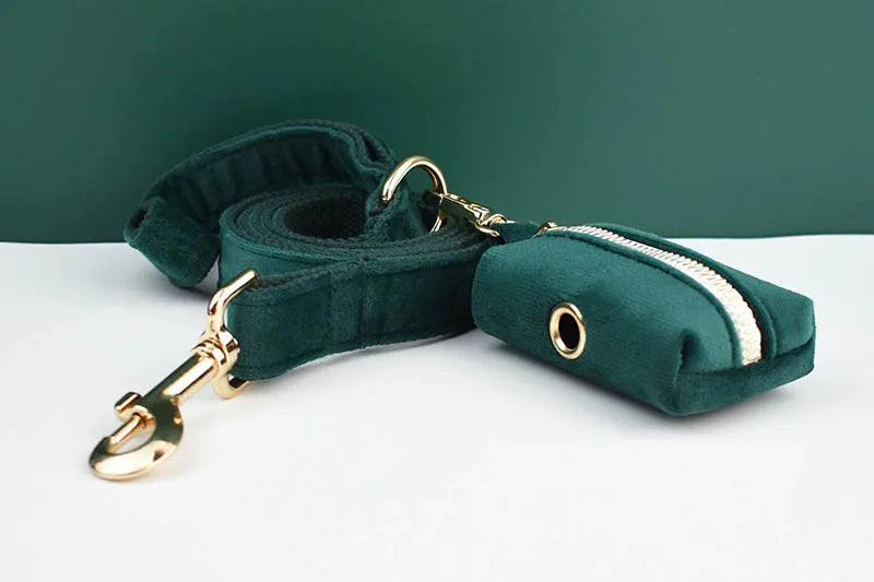 Green Velvet Dog Collar And Leash Set For Dogs Custom Engraved Nameplate Pet Supplies Dog Leash velvet43