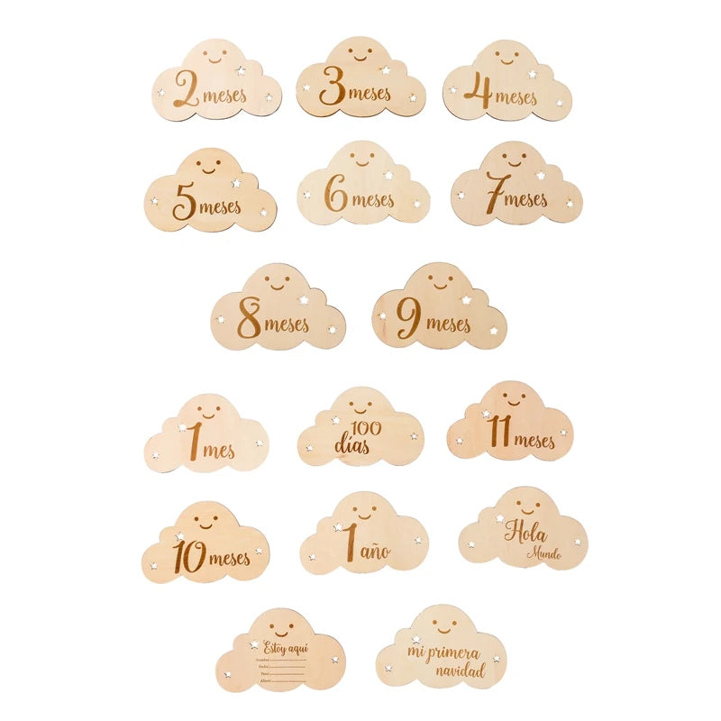 8pc/set Wooden Baby Milestone Card For Newborn Cute Cloud Shape Photography Props Accessories Month Cards Sticker Newborn Gifts