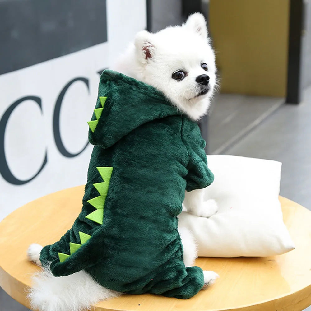 Dinosaur Pet Costume Cat and Dog Halloween Costume Cute Pet Dino Hoodie for Small Dogs Winter Warm Outfits Puppy Fleece Clothes
