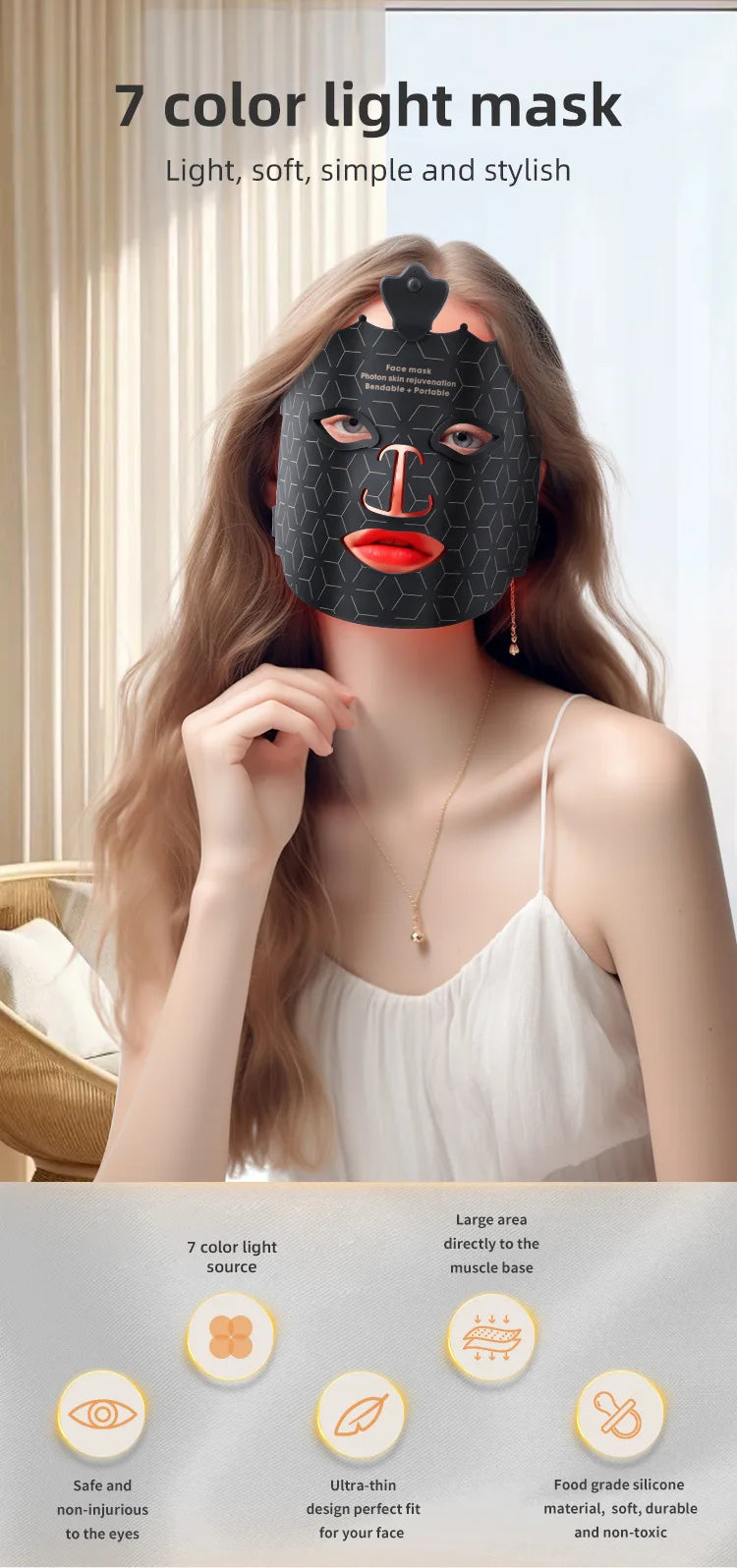 UBilli 7 Colors Silicone Led Facial Mask Light Therapy Mask Full Face 240 Lamp Beads Wirelessly Red Light Therapy Photon Mask
