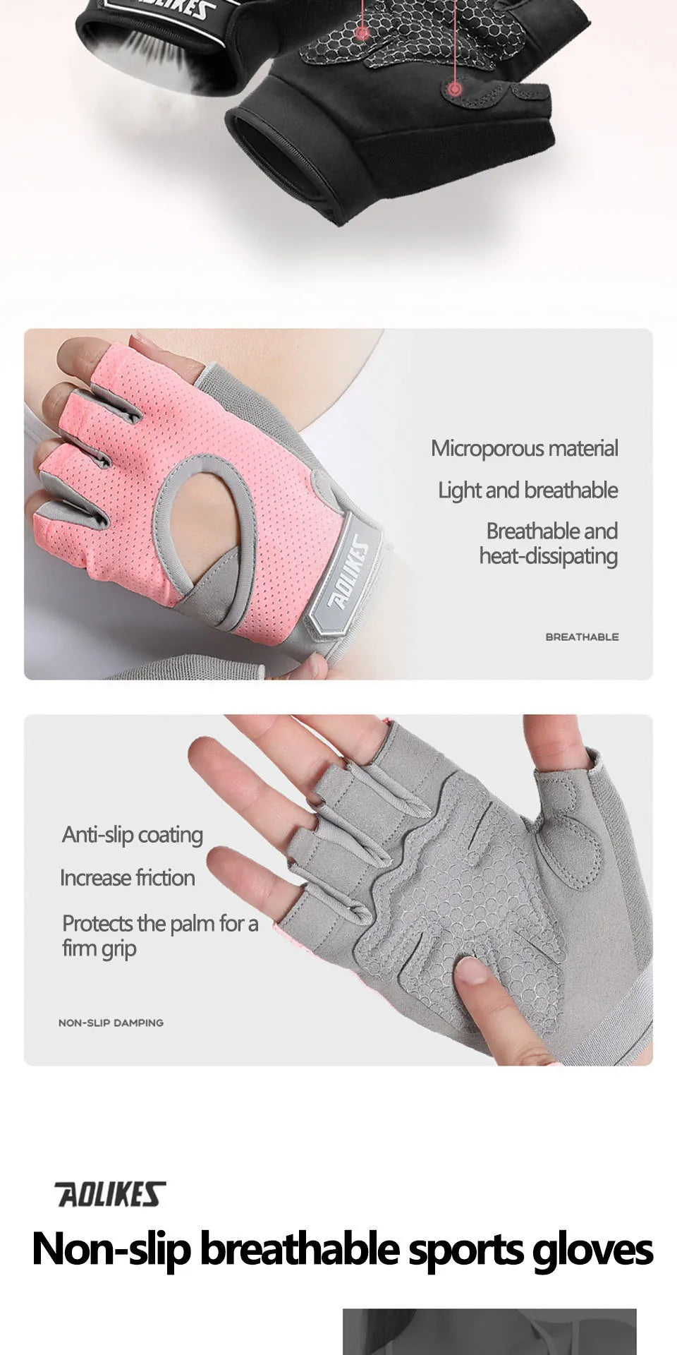 AOLIKES 1 Pair Gym Gloves Body Building Sports Fitness Dumbbell Workout Breathable Gloves for Crossfit Weight Lifting Training