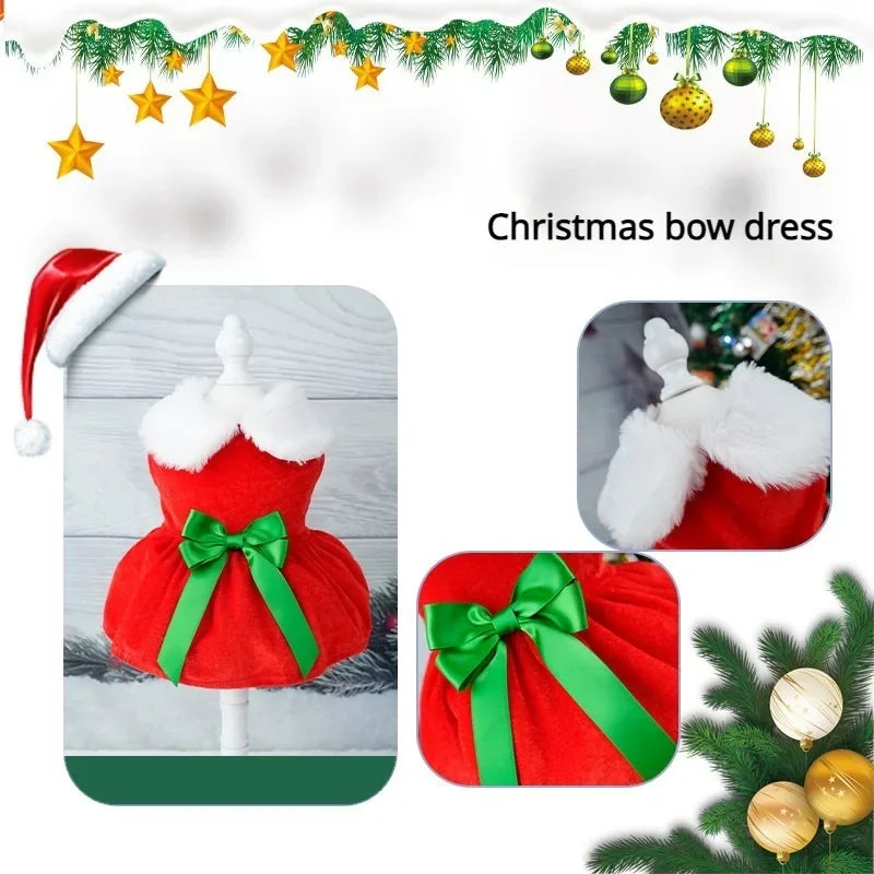 Pet Christmas Clothing Dog Cat Red Dress Warm Bow Frock Golden Velvet Fabric Santa Claus Clothes Dogs Cats Garment Pets Supplies