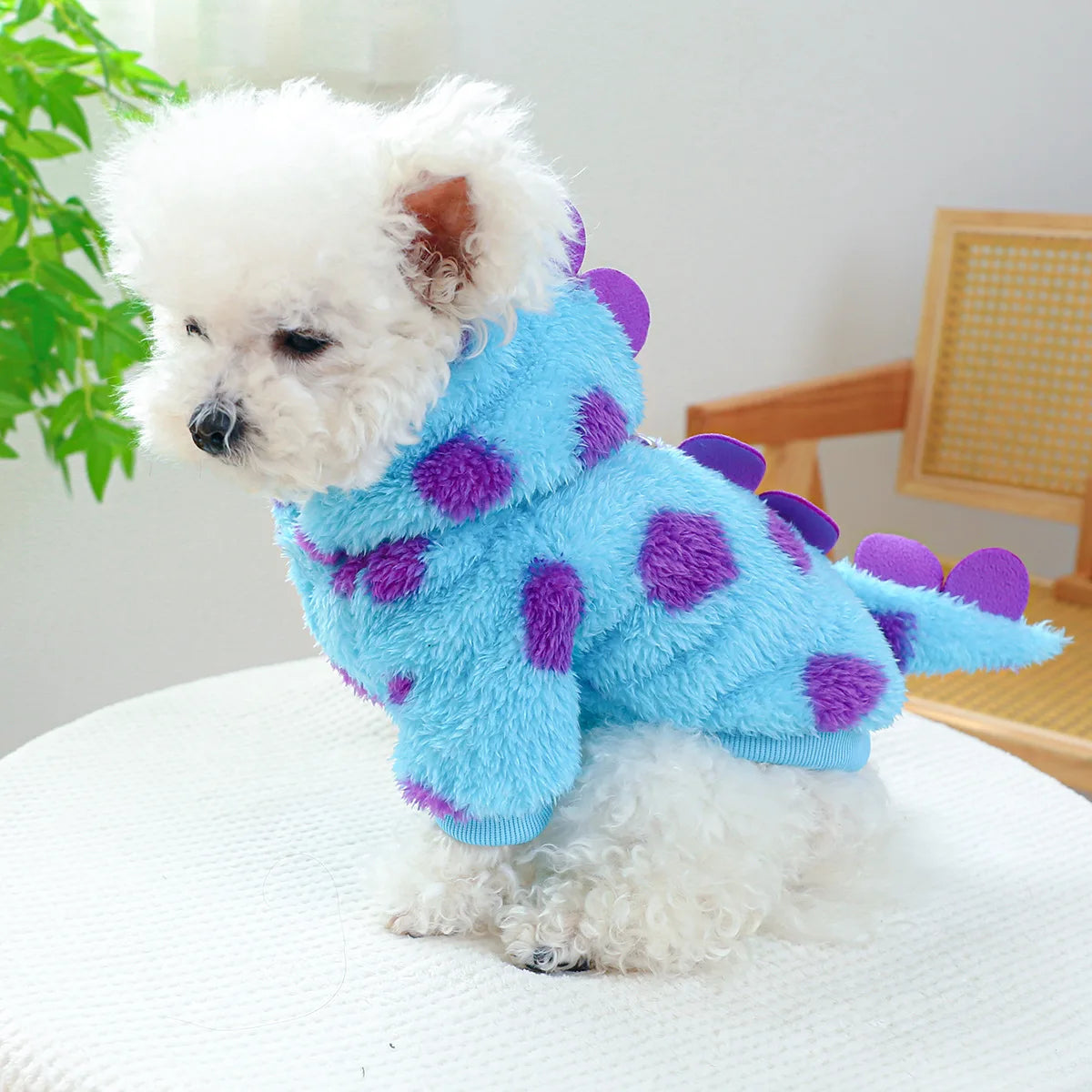 Cosplay Dinosaur Dog Halloween Costume for Small Dogs Dress Up Hoodies Thermal Velvet Padded Dog Pajamas Winter Puppy Jumpsuit