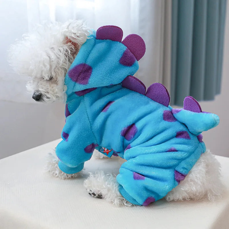 Cosplay Dinosaur Dog Halloween Costume for Small Dogs Dress Up Hoodies Thermal Velvet Padded Dog Pajamas Winter Puppy Jumpsuit