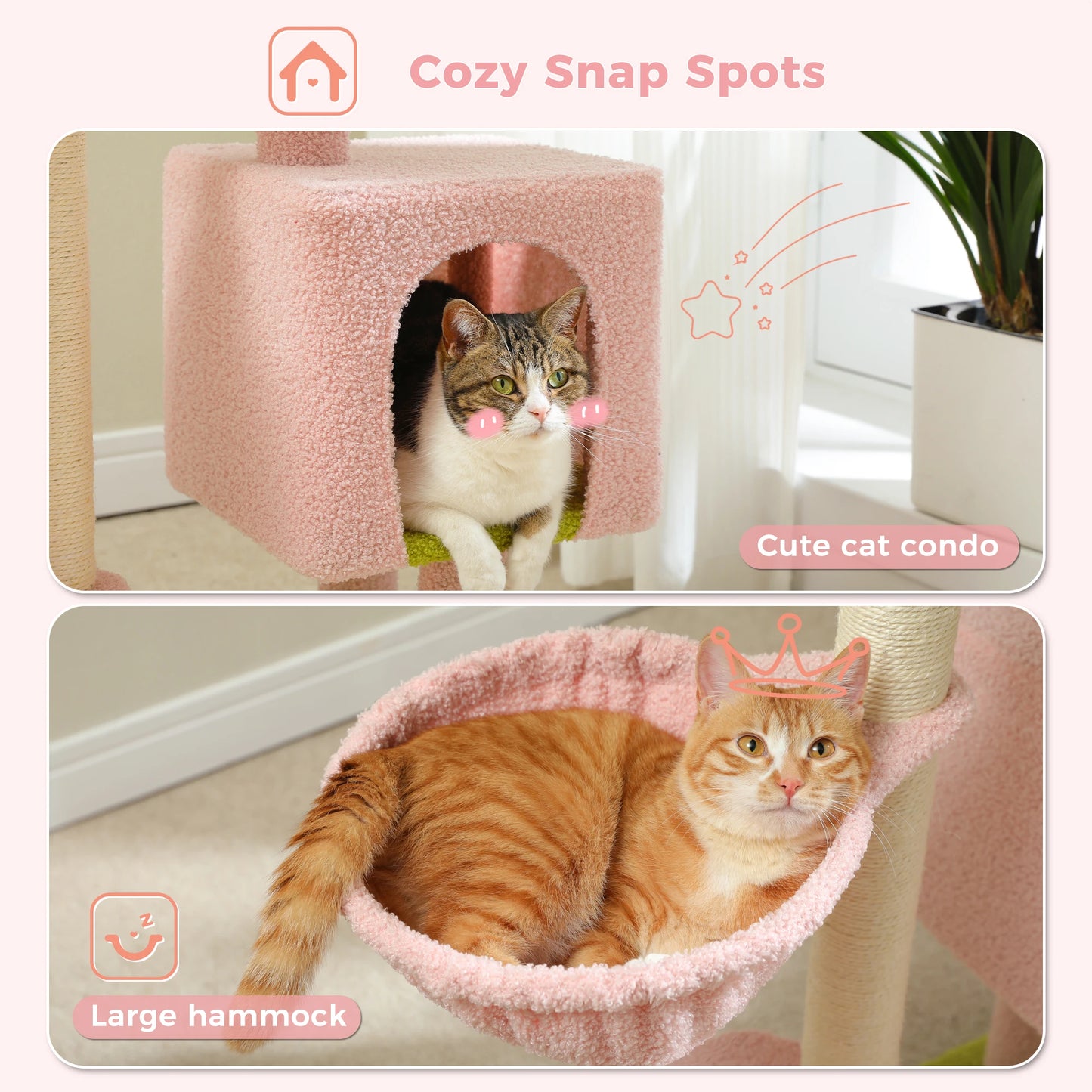 Cat Tree Cute Cat Tower with Padded Top Perch Comfy Hammock Private Condo Fully Scratching Post and Dangling Bell Ball