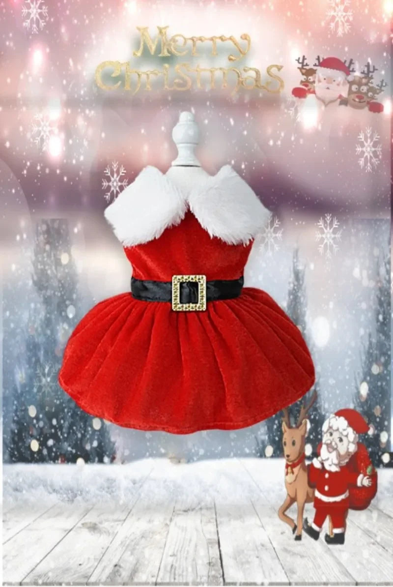 Pet Christmas Clothing Dog Cat Red Dress Warm Bow Frock Golden Velvet Fabric Santa Claus Clothes Dogs Cats Garment Pets Supplies