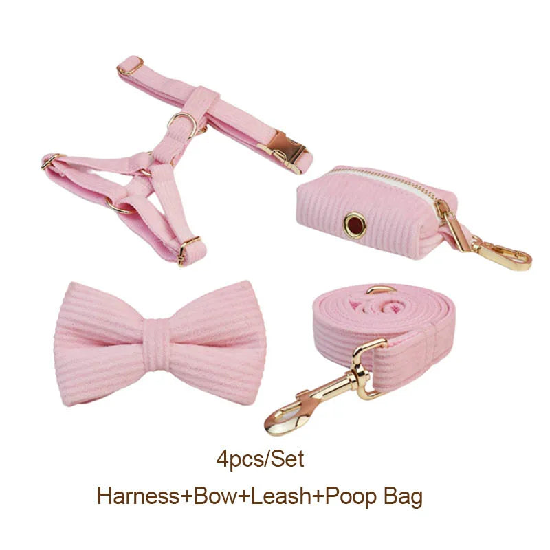 Pink Corduroy Dog Collar And Leash Set For Dogs Custom Engraved Nameplate Pet Supplies Dog Leash Corduroy07
