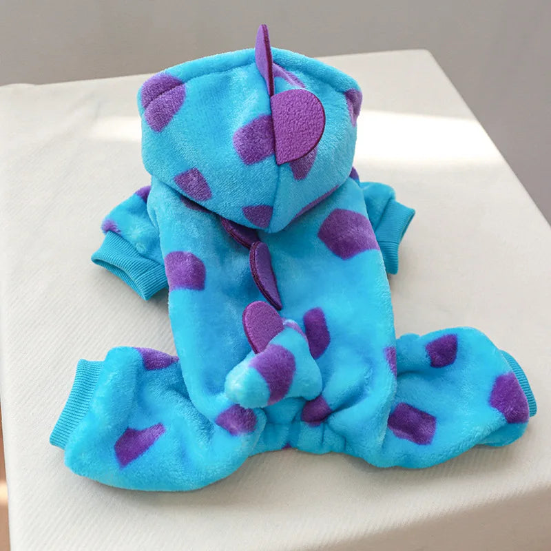 Cosplay Dinosaur Dog Halloween Costume for Small Dogs Dress Up Hoodies Thermal Velvet Padded Dog Pajamas Winter Puppy Jumpsuit
