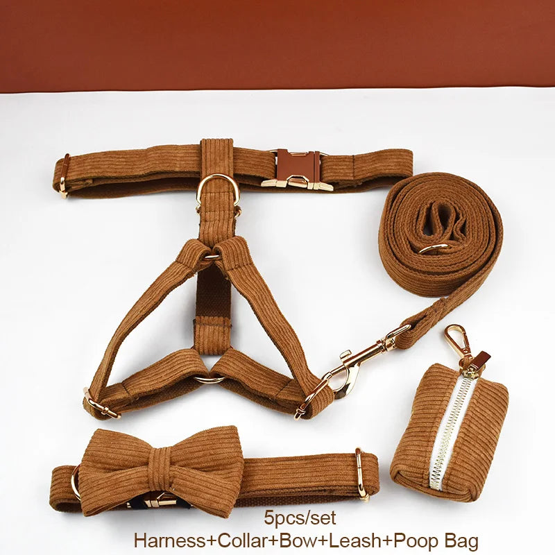 Caramel Corduroy Dog Collar And Leash Set For Dogs Custom Engraved Nameplate Pet Supplies Dog Leash Corduroy01