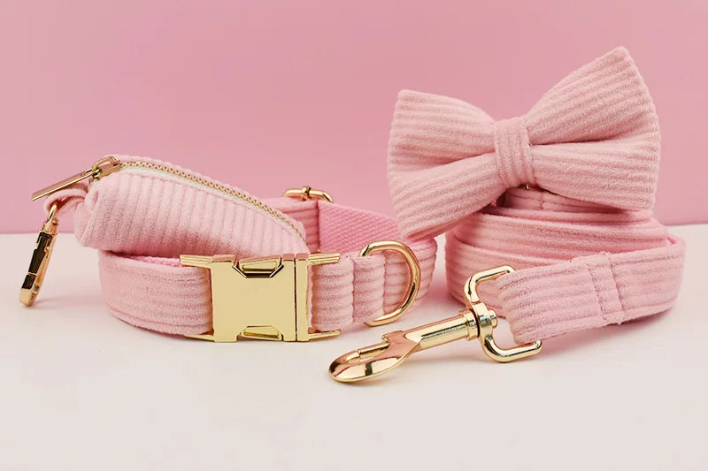 Pink Corduroy Dog Collar And Leash Set For Dogs Custom Engraved Nameplate Pet Supplies Dog Leash Corduroy07