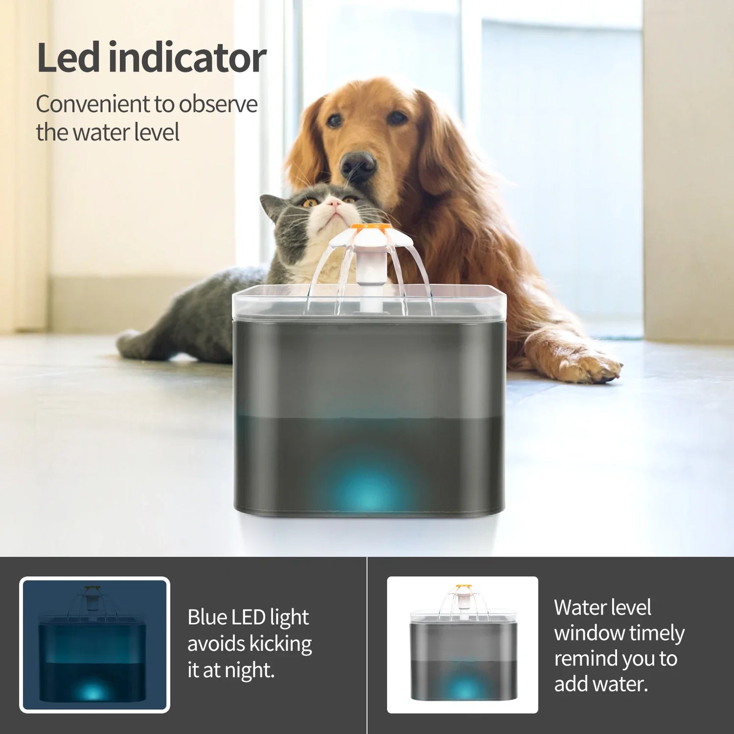 Ultra Silent Pet Fountain 67oz/2L with LED Lighting Activated Carbon Filter Water Dispenser Mute Drinker for Cats Small Dogs