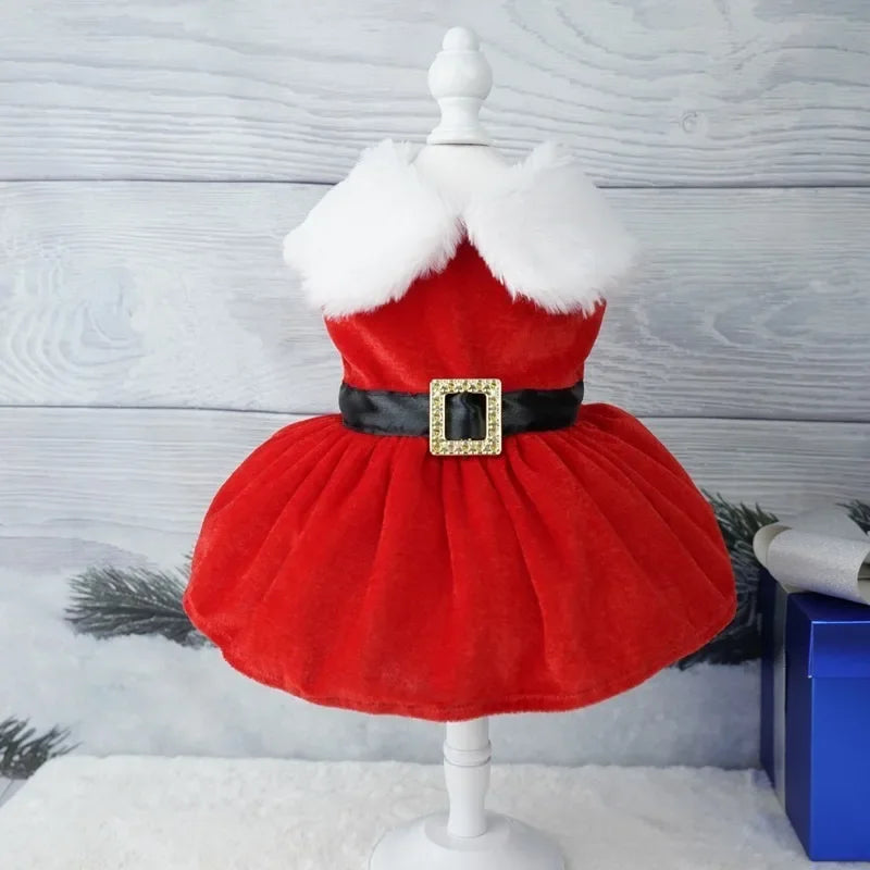 Pet Christmas Clothing Dog Cat Red Dress Warm Bow Frock Golden Velvet Fabric Santa Claus Clothes Dogs Cats Garment Pets Supplies