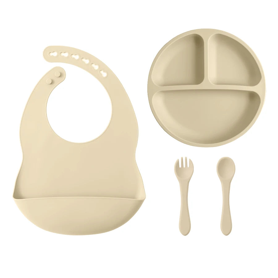 4PCS Baby Silicone Tableware Sets Contrasting Colors Dining Sets Suction Plate Waterproof Bib Portable Baby Spoon Fork