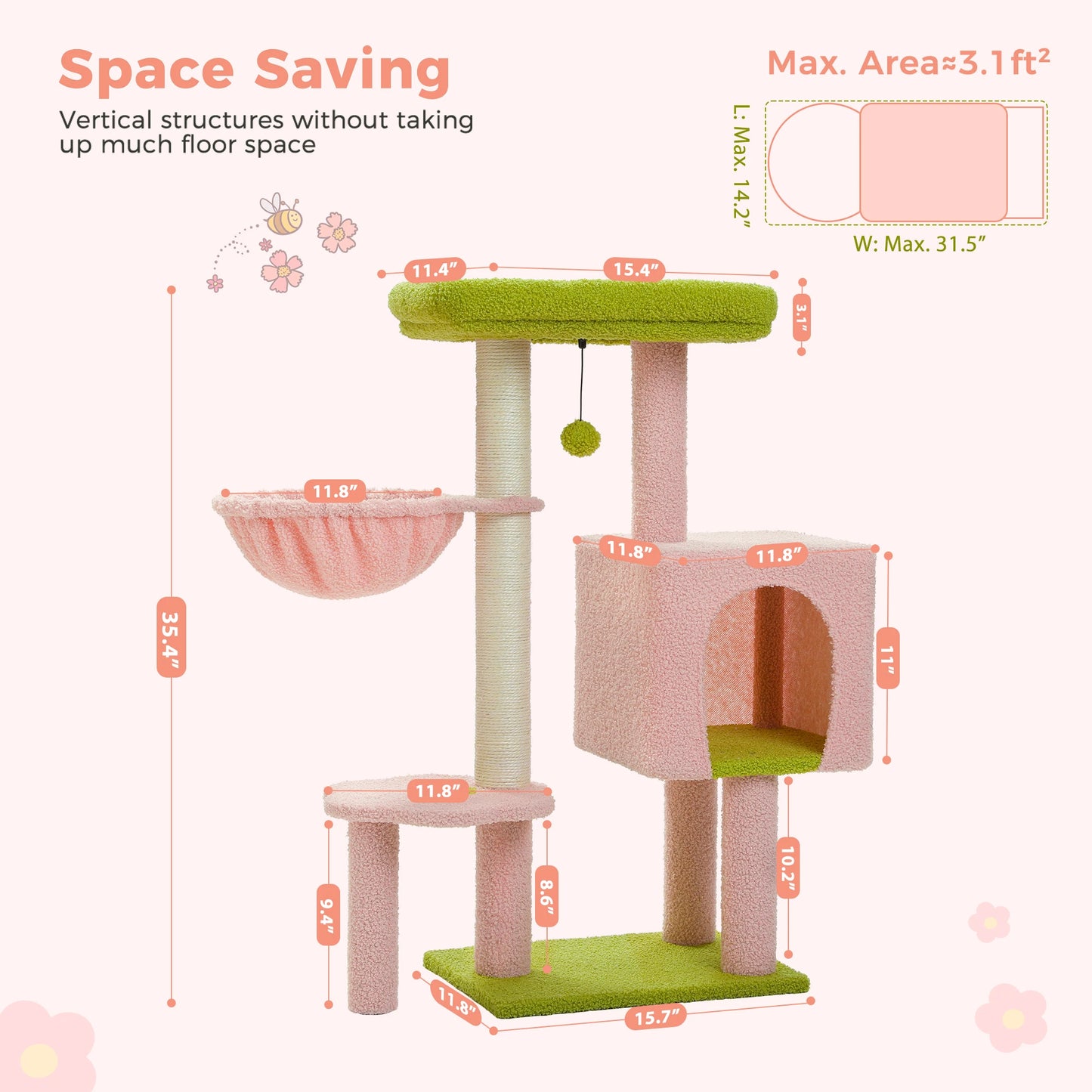 Cat Tree Cute Cat Tower with Padded Top Perch Comfy Hammock Private Condo Fully Scratching Post and Dangling Bell Ball