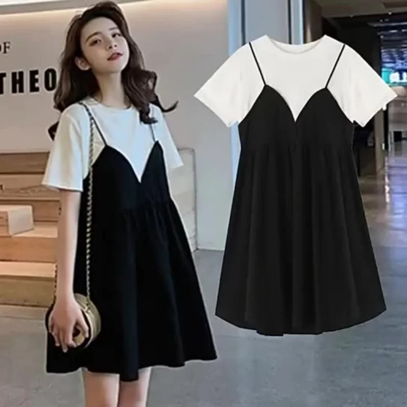 Summer Maternity New Fashion Casual Dresses Summer Mid-Length Maternity Tops Loose False Two-Piece Short-Sleeved Halter Dresses