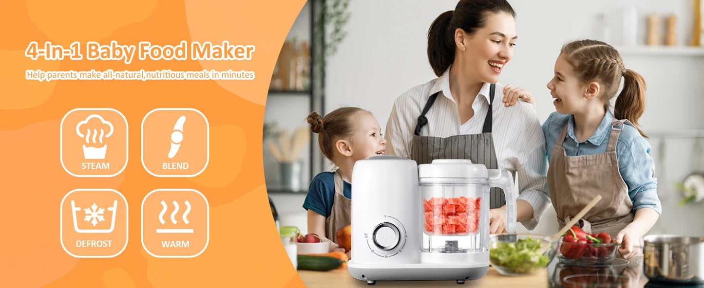Baby Food Maker, 4 in 1 Baby Food Processor and Steamer, Puree Blender, Multifunctional Baby Puree Maker, Dishwasher Safe White