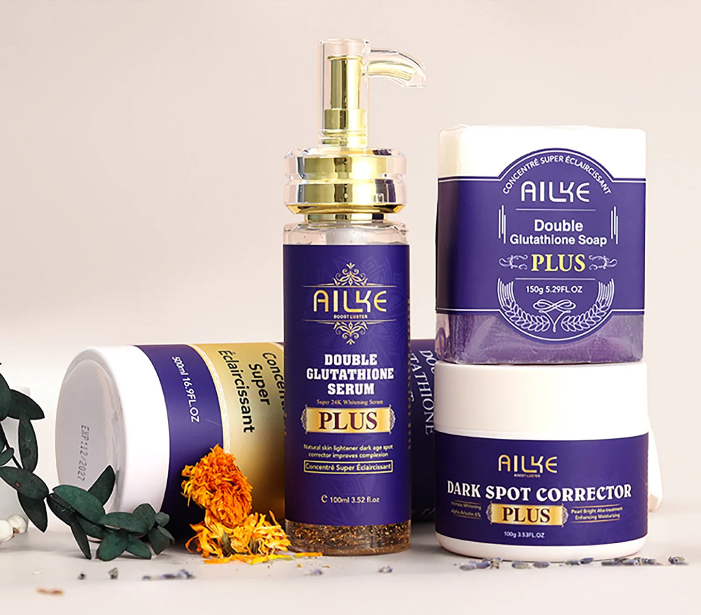AILKE Glutathione PLUS Skin Care Set, Advanced Lightening Lotion, Moisturizes Softens Skin, Skin Bleaching Kit for Men, Women
