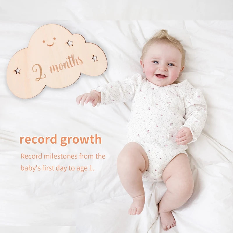 8pc/set Wooden Baby Milestone Card For Newborn Cute Cloud Shape Photography Props Accessories Month Cards Sticker Newborn Gifts