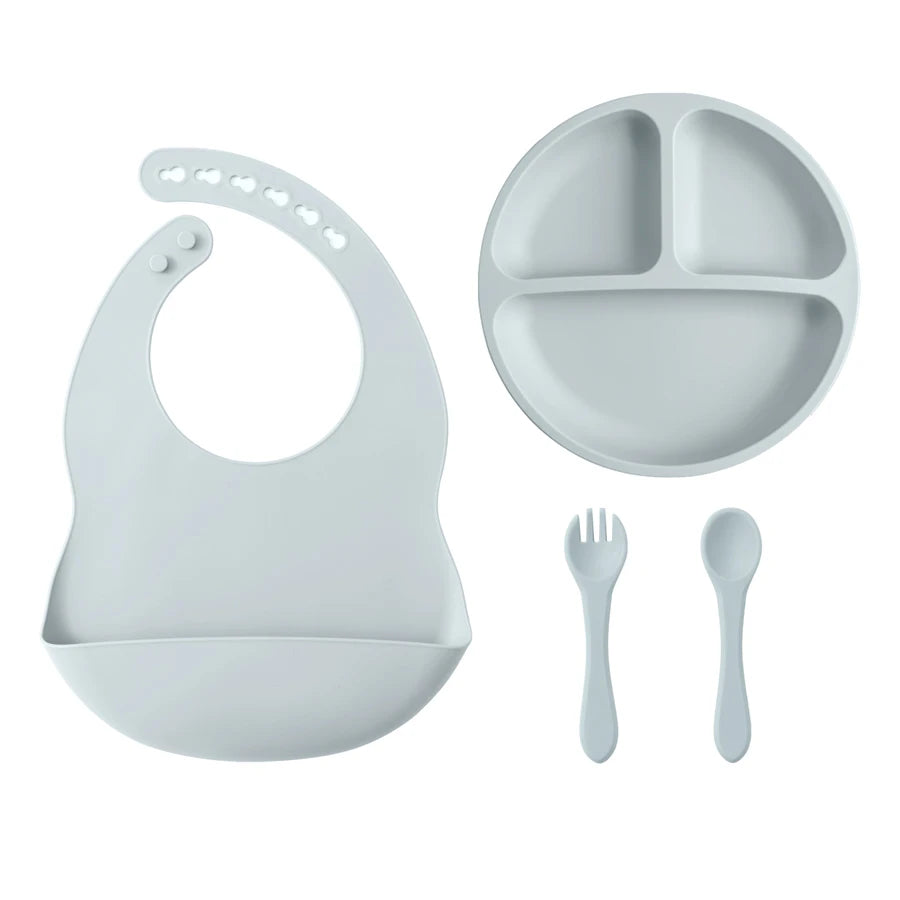 4PCS Baby Silicone Tableware Sets Contrasting Colors Dining Sets Suction Plate Waterproof Bib Portable Baby Spoon Fork