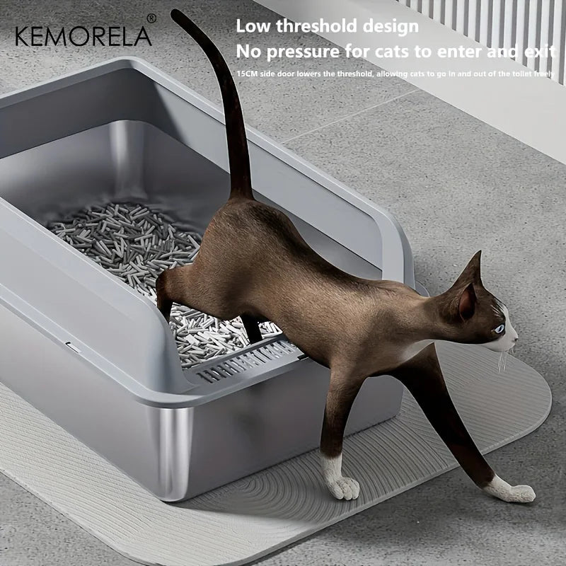KEMORELA 1PC Stainless Steel Cat Bedpans Thickening Semi-enclosed High Side With Lid Litter Scoop Splashproof Open Litter Box