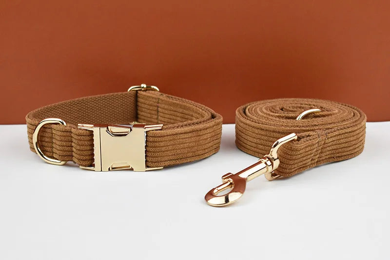Caramel Corduroy Dog Collar And Leash Set For Dogs Custom Engraved Nameplate Pet Supplies Dog Leash Corduroy01