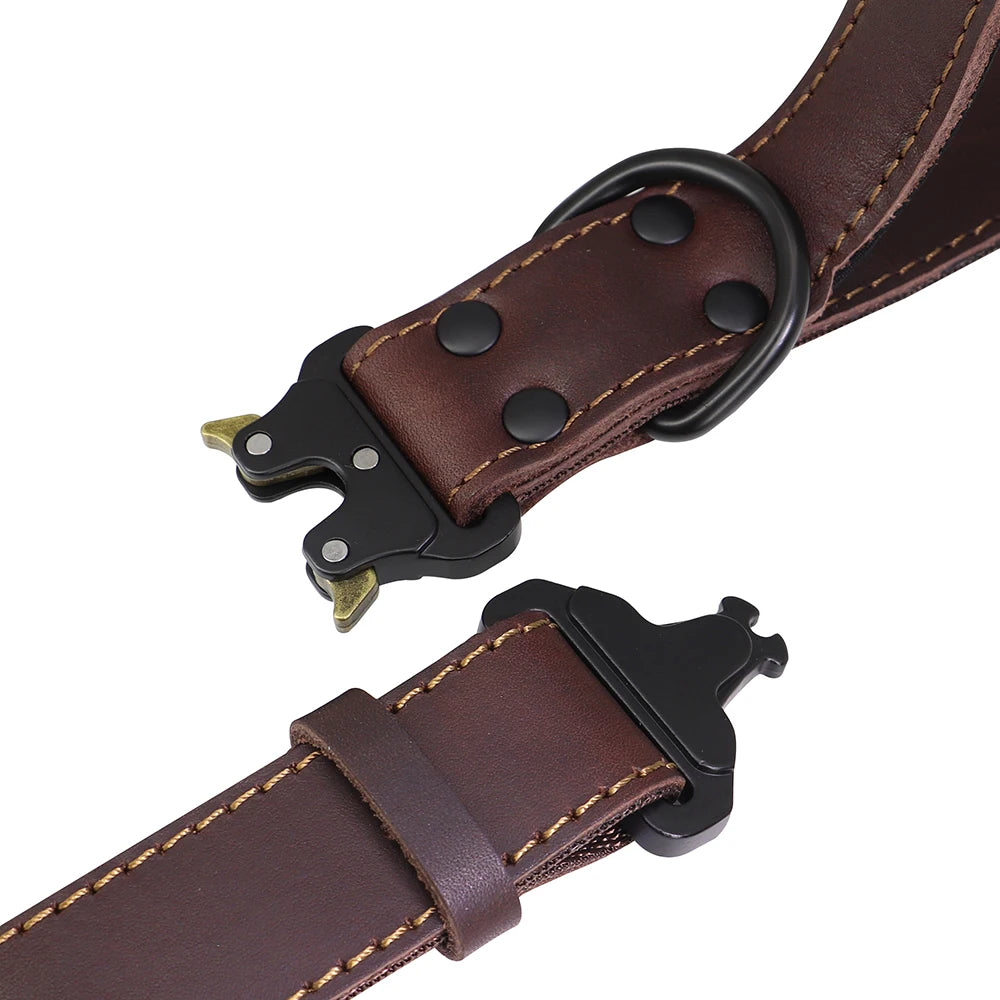 Real Leather Dog Collar With Handle Tactical Military Dog Leather Collar For Medium Large Dogs German Shepherd Training Hunting