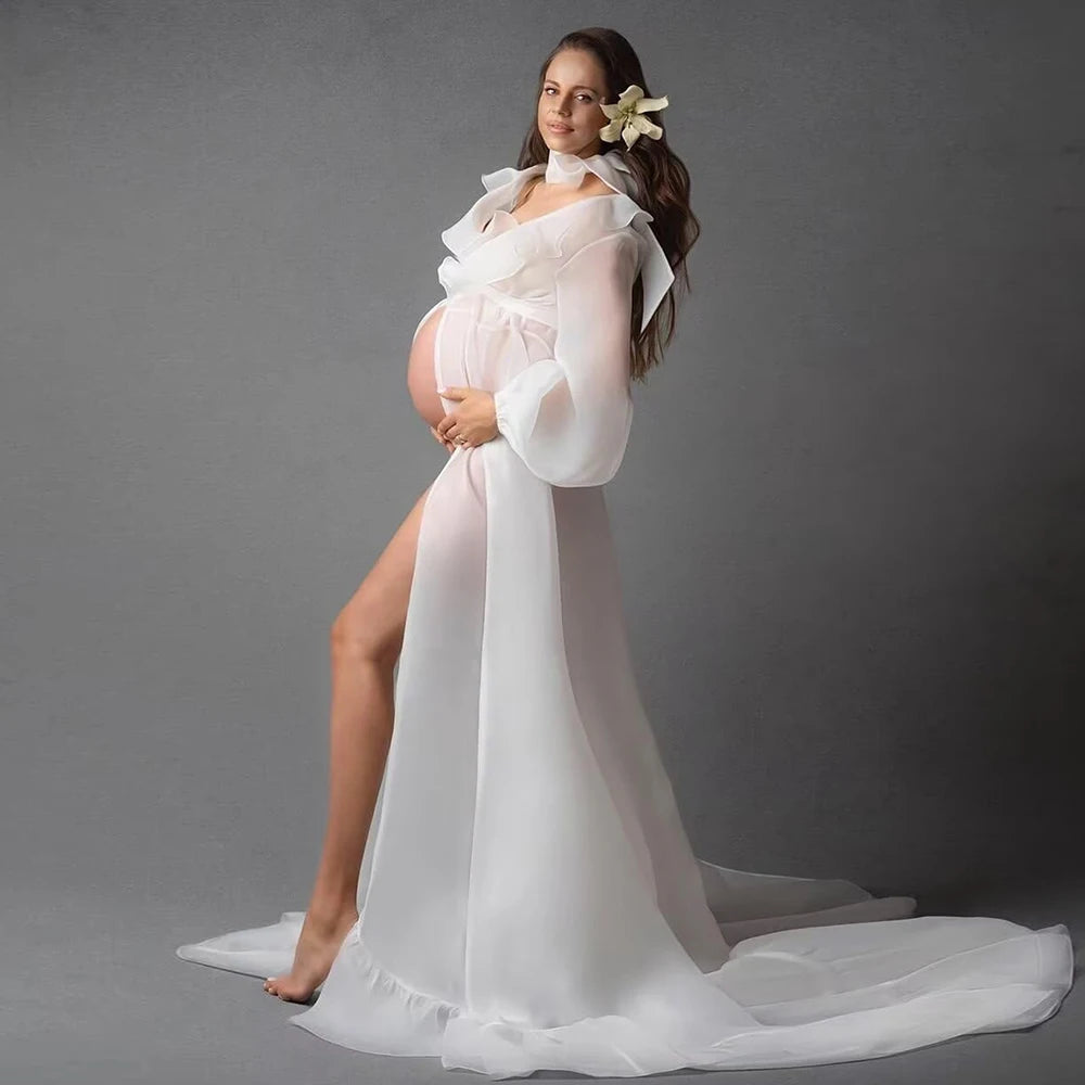 Maternity Photo Shoot Long Chiffon Dress Ruffle Neck Lantern Sleeve With Tie Cord Pregnancy Robe For Baby Shower