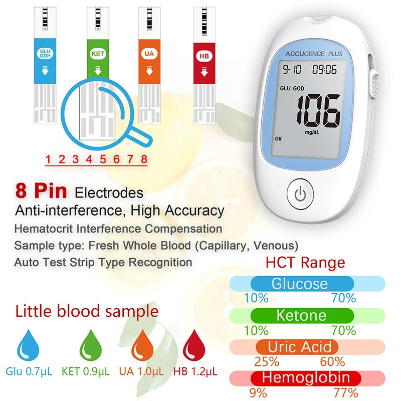 Blood Ketone Hemoglobin Uric Acid Blood Glucose Test Strips Test Strips for PM800 4 in 1 Meter Diabetes Gout HB Anemia Monitor