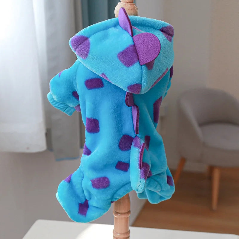 Cosplay Dinosaur Dog Halloween Costume for Small Dogs Dress Up Hoodies Thermal Velvet Padded Dog Pajamas Winter Puppy Jumpsuit